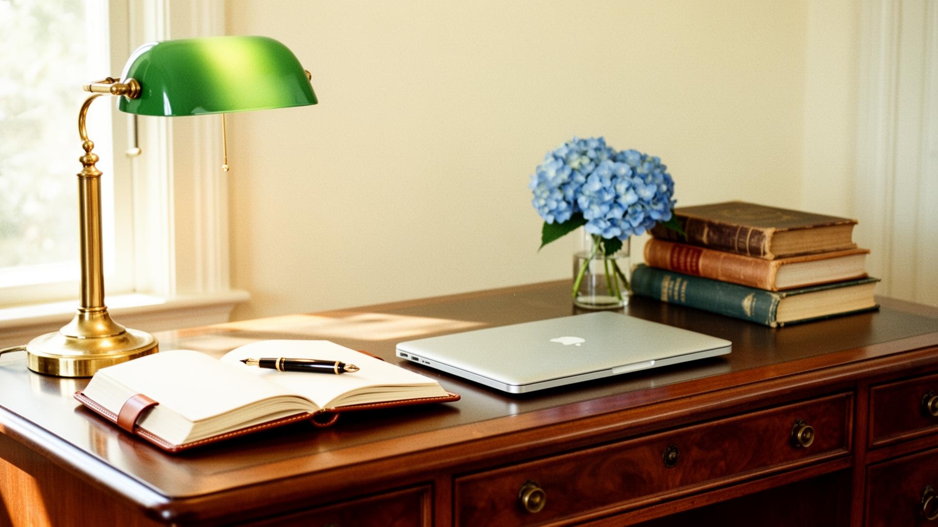 A refined desk with a brass lamp, leather notebook, and fountain pen in soft window light.